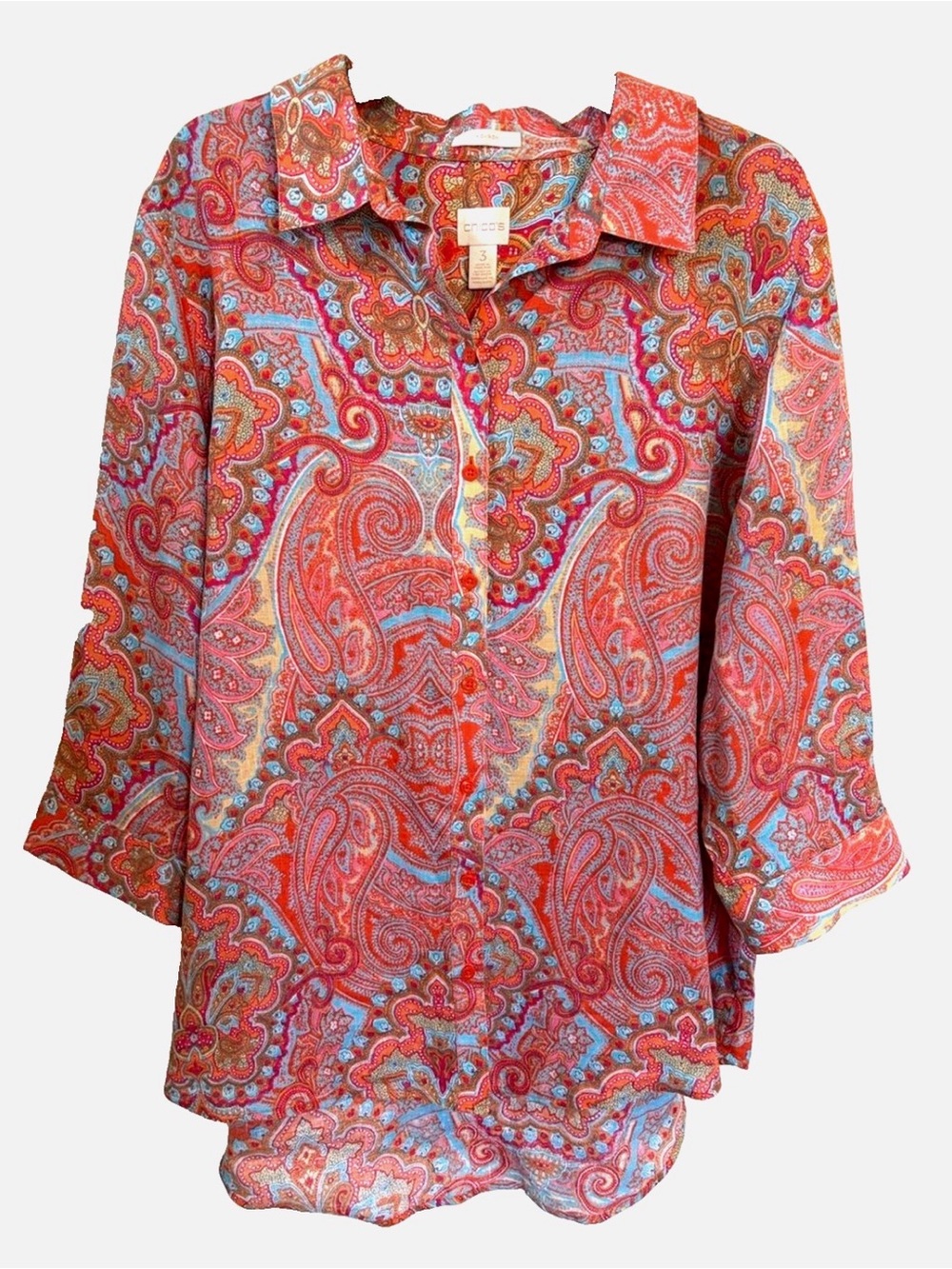 Chico’s No Iron 100% Linen Paisley High Low Tunic Button Shirt Size 3 XL